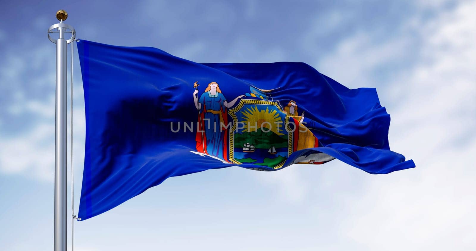 Close-up of New York State flag waving on a clear day. Blue background with state coat of arms. Fluttering textile. 3d illustration render.