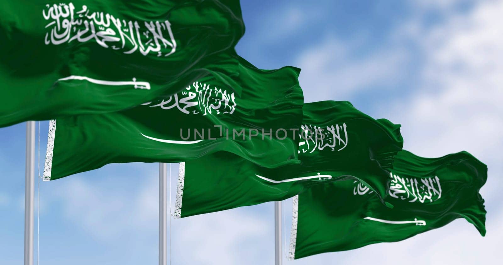 Saudi Arabian national flags waving in the wind. Green field with Shahada and sword in Thuluth script. Rippled fabric. 3d illustration render. Rippling fabric. Selective focus