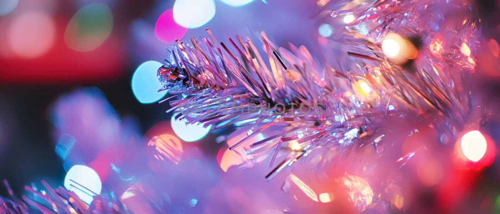 Colorful lights twinkle on a shimmering Christmas tree creating a joyful atmosphere during the festive season in December.