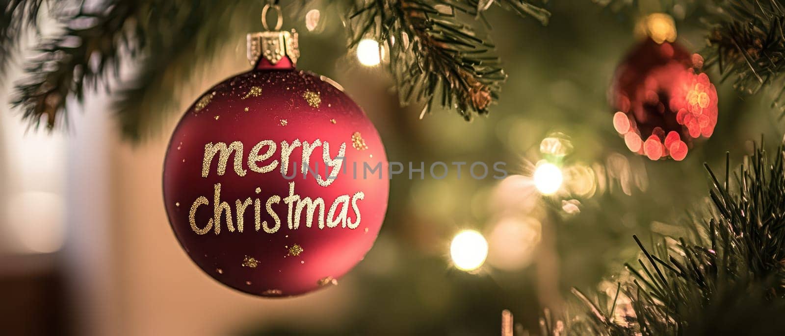 A beautifully designed ornament hangs on a Christmas tree spreading joy with a merry Christmas inscription glimmering lights in the background.