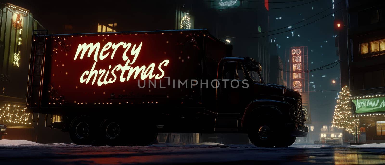 A large truck with Merry Christmas written on the side is parked on a snowy street adorned with festive lights creating a seasonal atmosphere.