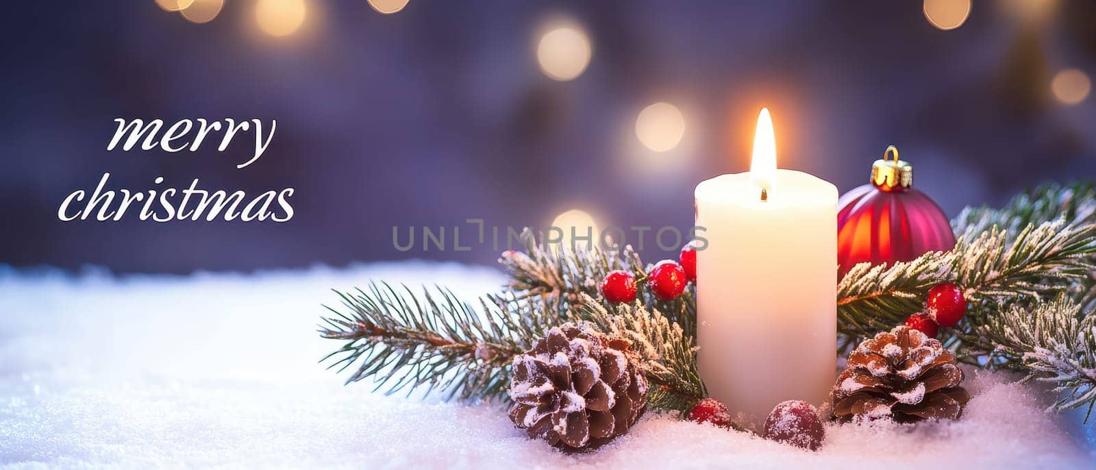 A glowing candle surrounded by pine branches and ornaments creates a cozy Christmas atmosphere with a festive spirit.
