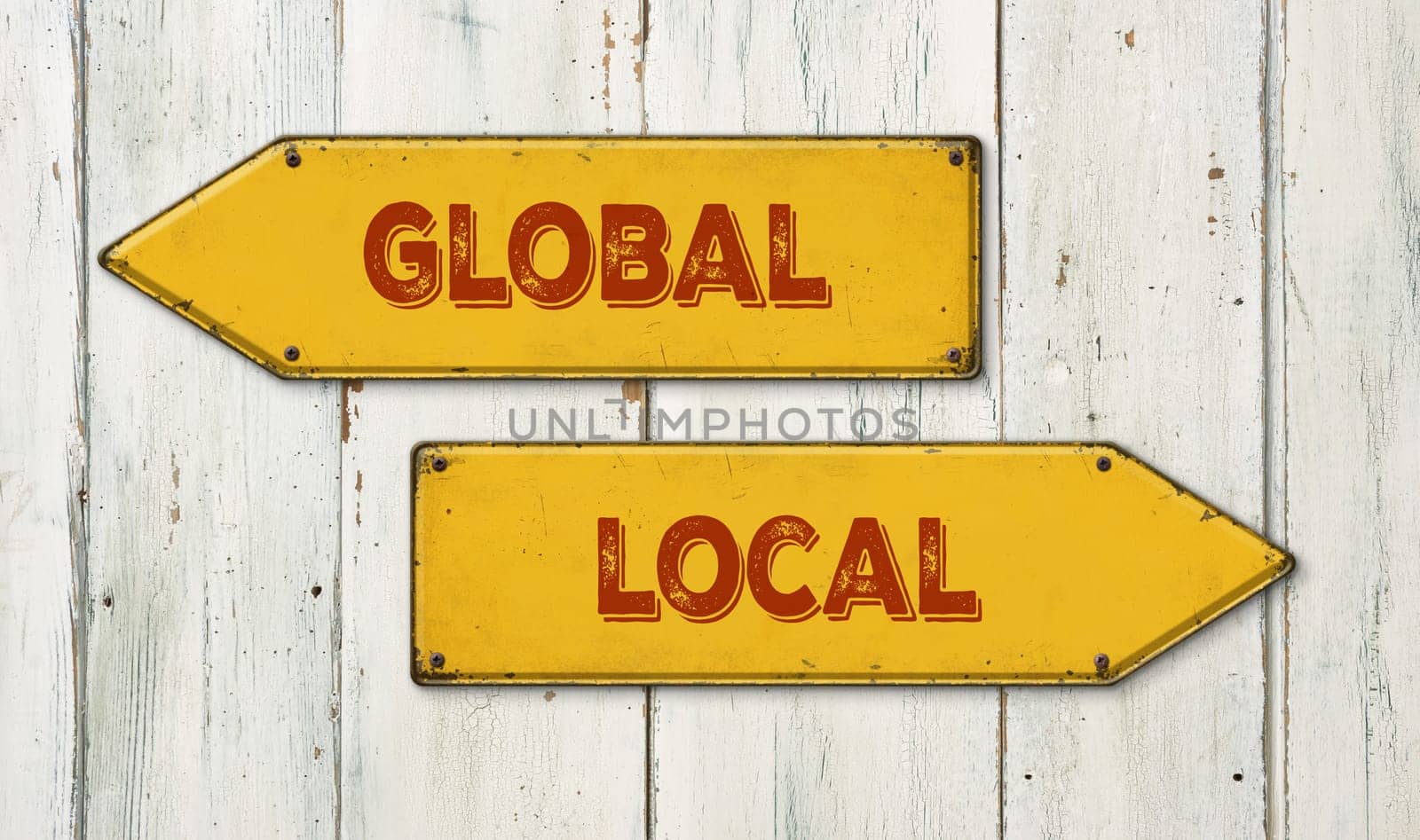 Direction signs on a wooden wall - Global or Local