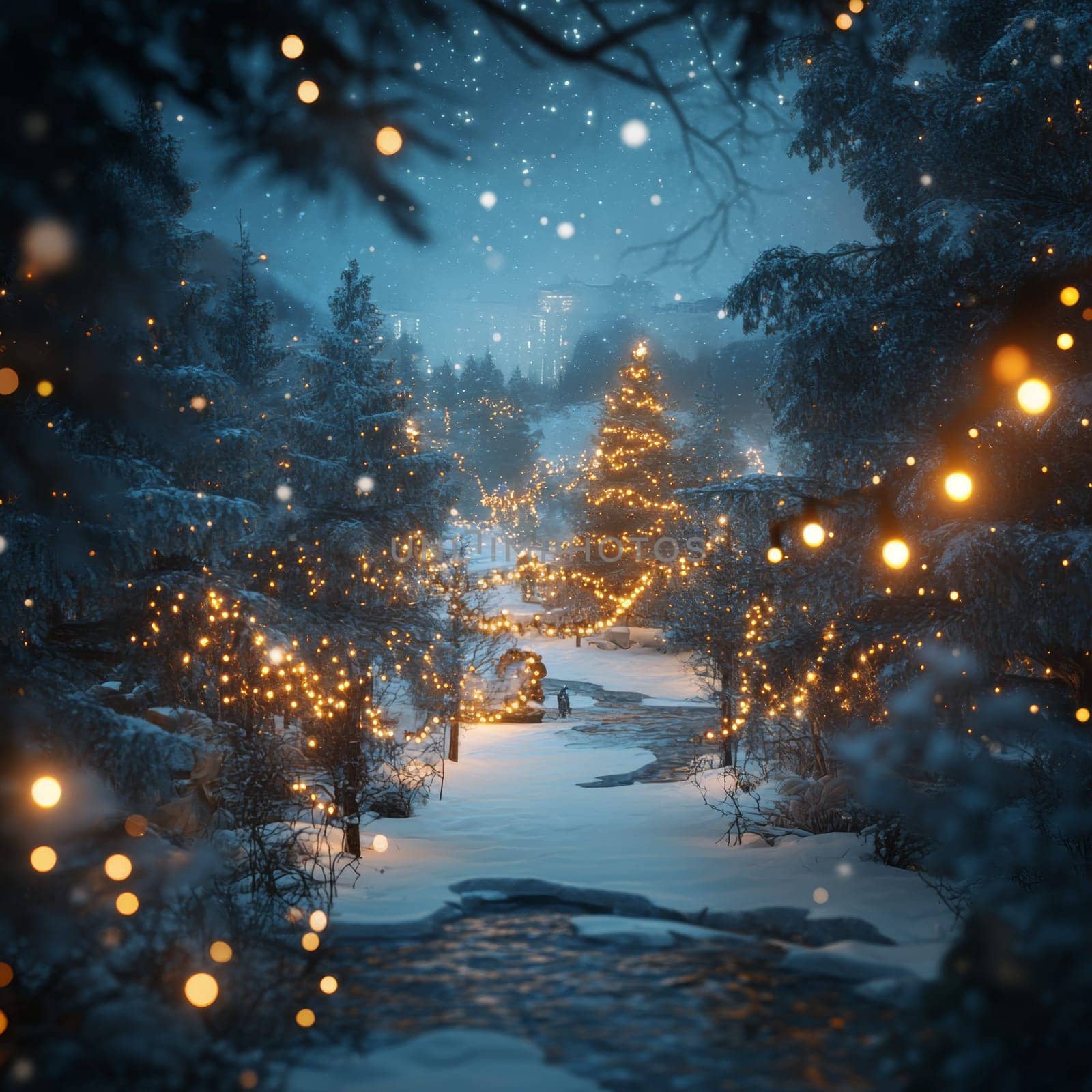 A magical winter scene featuring snow-laden trees adorned with festive lights, creating a serene and enchanting holiday atmosphere.