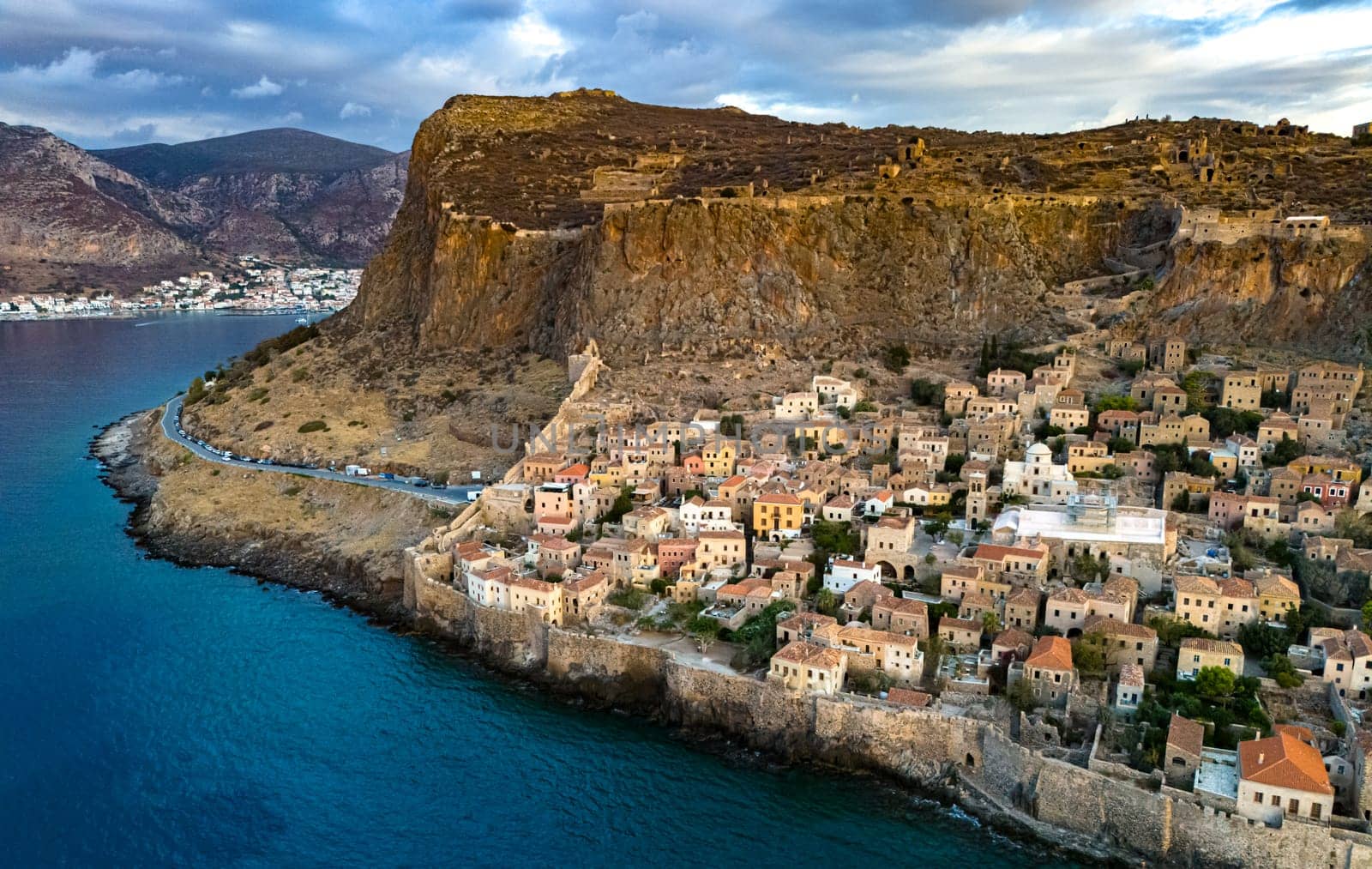 Aerial view of Monemvasia, a town in Laconia, Greece.
