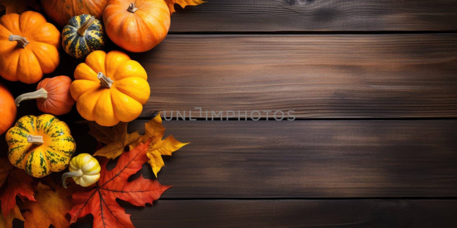 Autumn leaves and pumpkins on wooden background with copyspace - AI generated