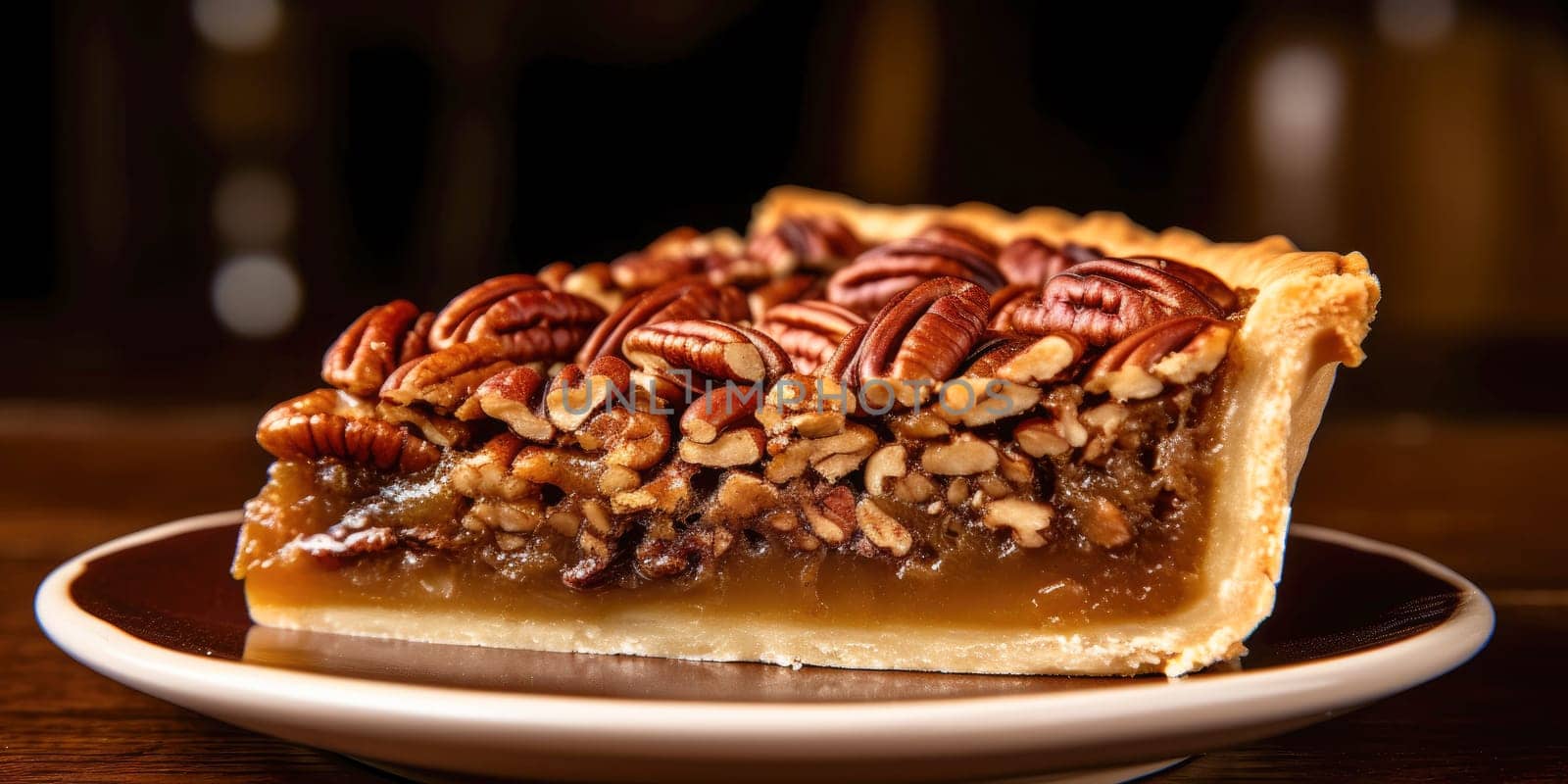 Pecan Pie with a caramelized filling and a crunchy pecan topping - AI generated