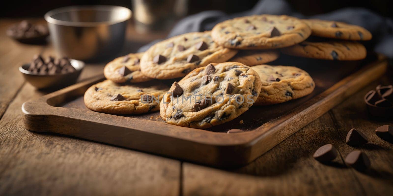 chocolate chip cookies on a wooden plate - AI generated