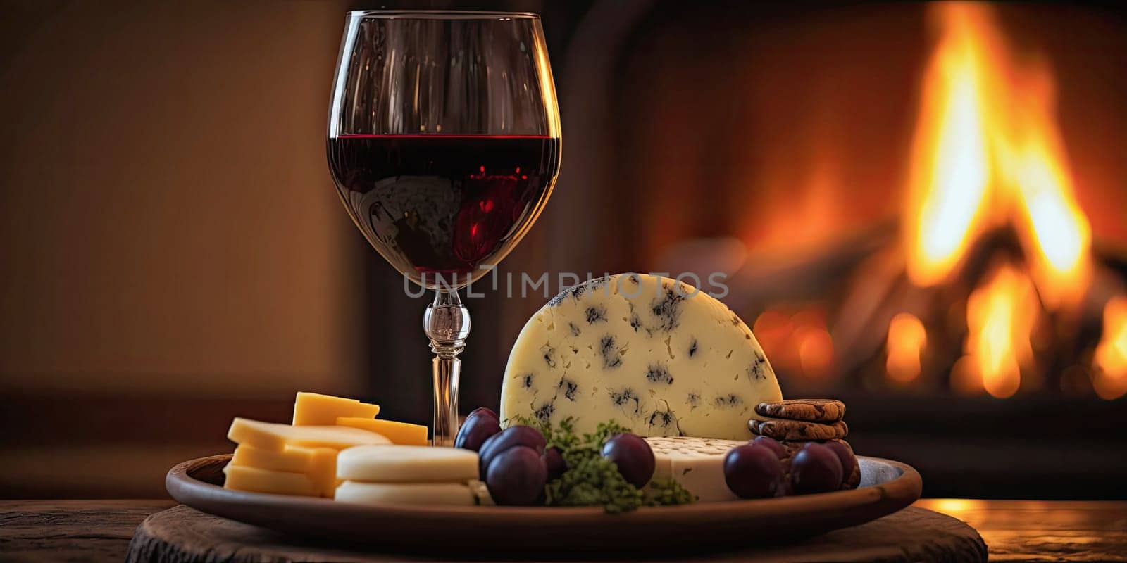 A glass of red wine with cheese and grapes - AI generated