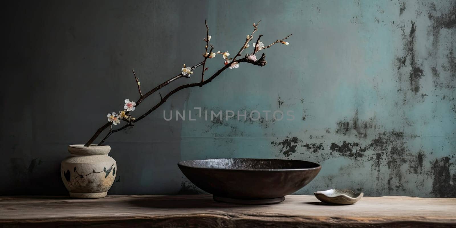 a rustic backdrop in turquoise with copyspace and vases in the foreground - AI generated
