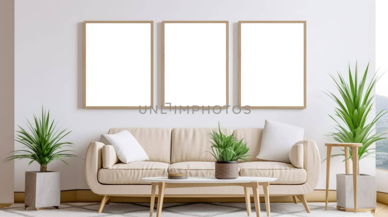 Mockup of three empty vertical picture frames in a modern living room - AI generated