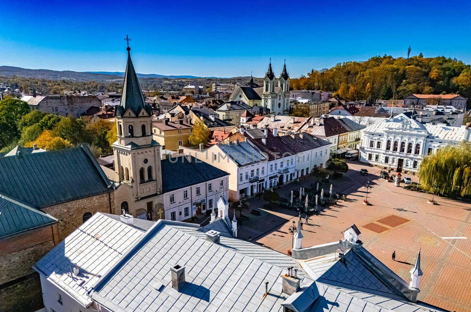 Aerial view of the city of Sanok in Bieszczady Mountains, Poland.