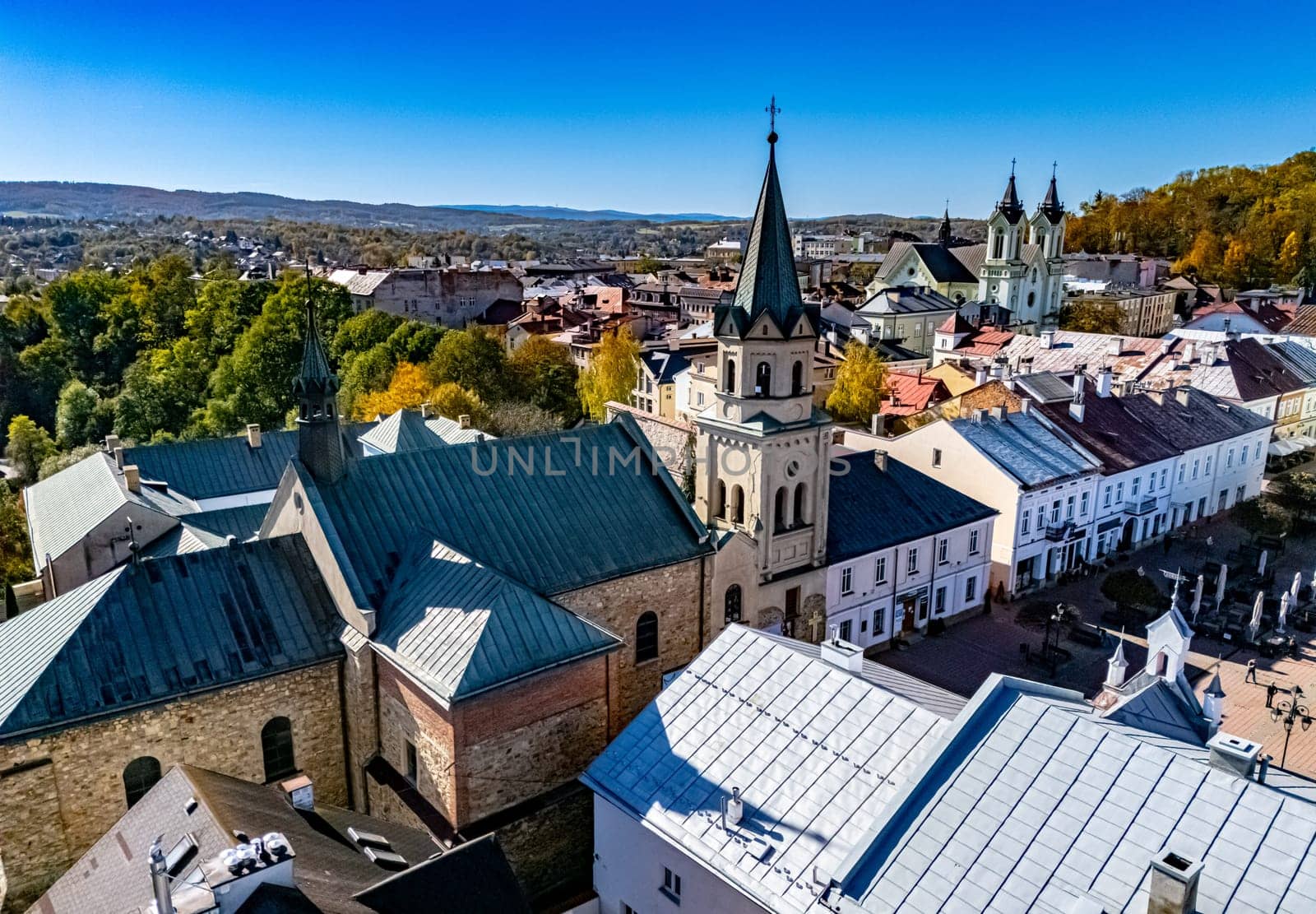 Aerial view of the city of Sanok in Bieszczady Mountains, Poland.