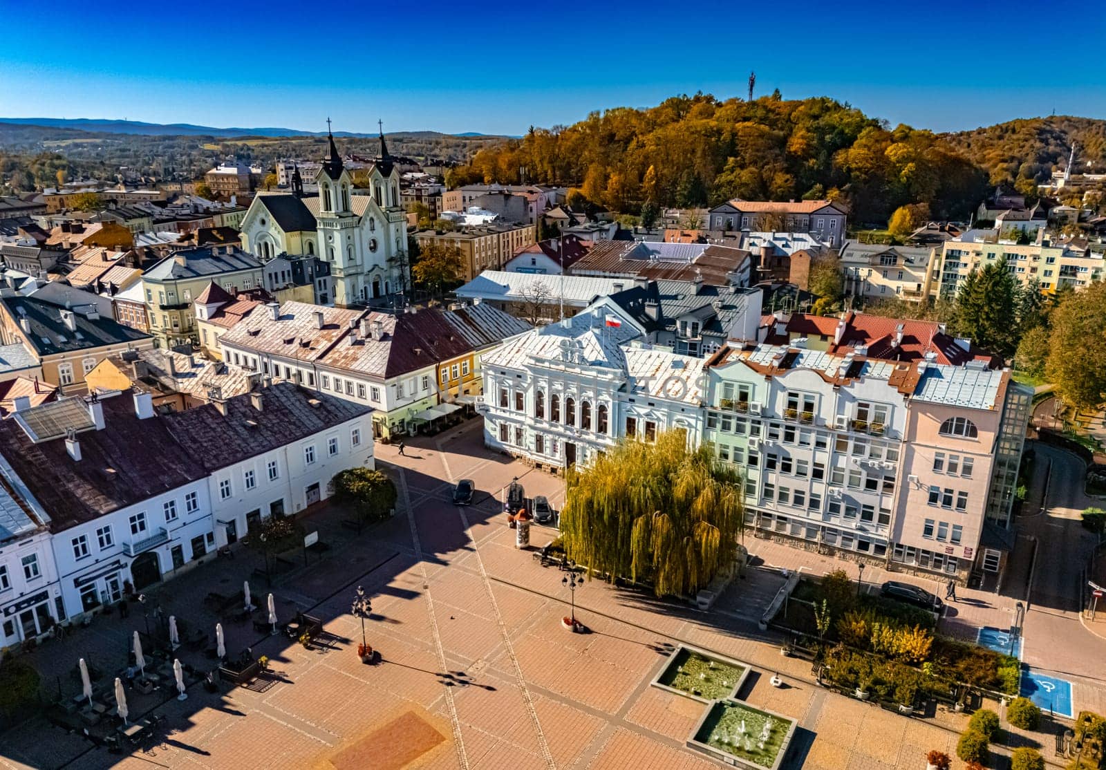Aerial view of the city of Sanok in Bieszczady Mountains, Poland.
