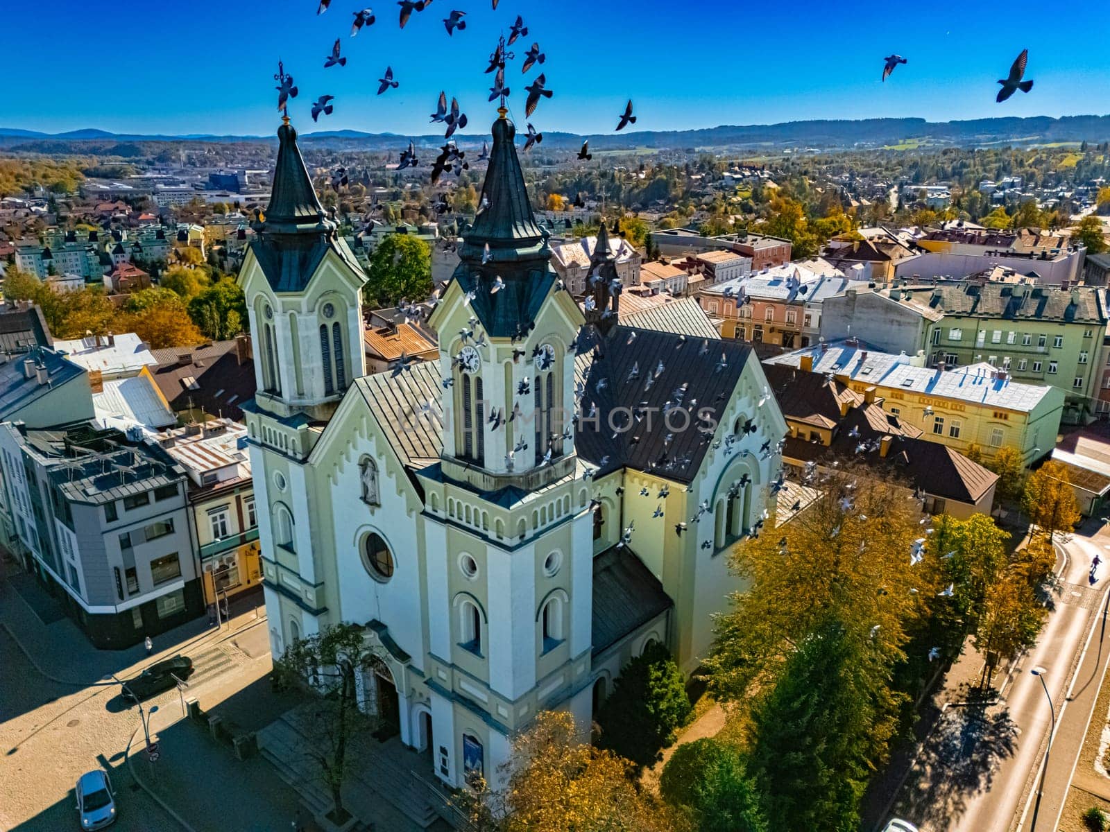 Aerial view of the city of Sanok in Bieszczady Mountains, Poland.