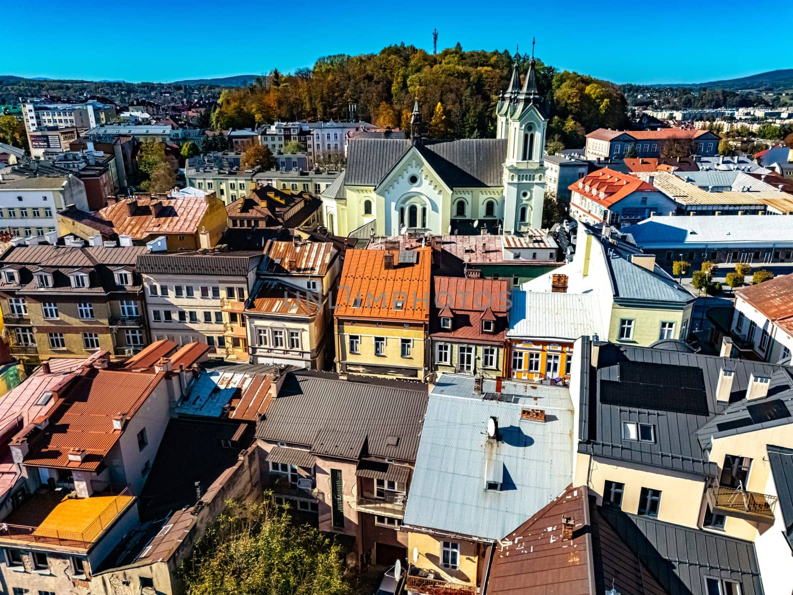 Aerial view of the city of Sanok in Bieszczady Mountains, Poland.