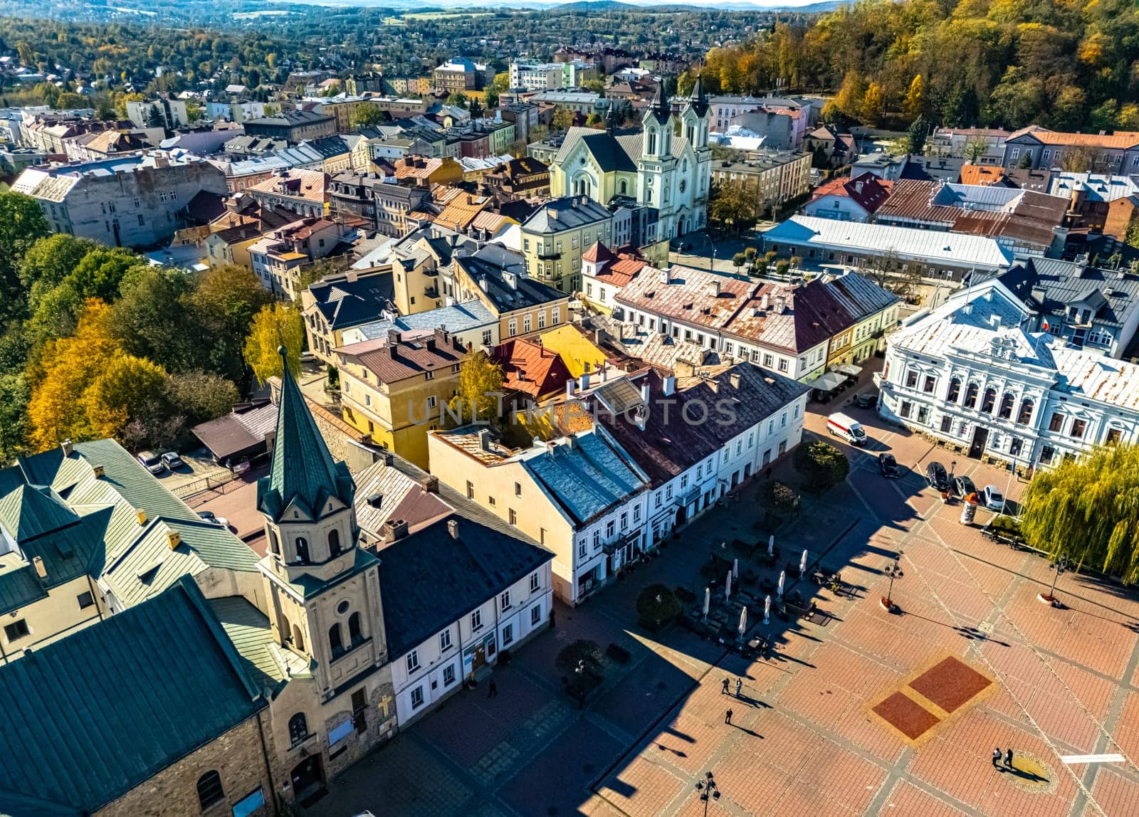 Aerial view of the city of Sanok in Bieszczady Mountains, Poland.