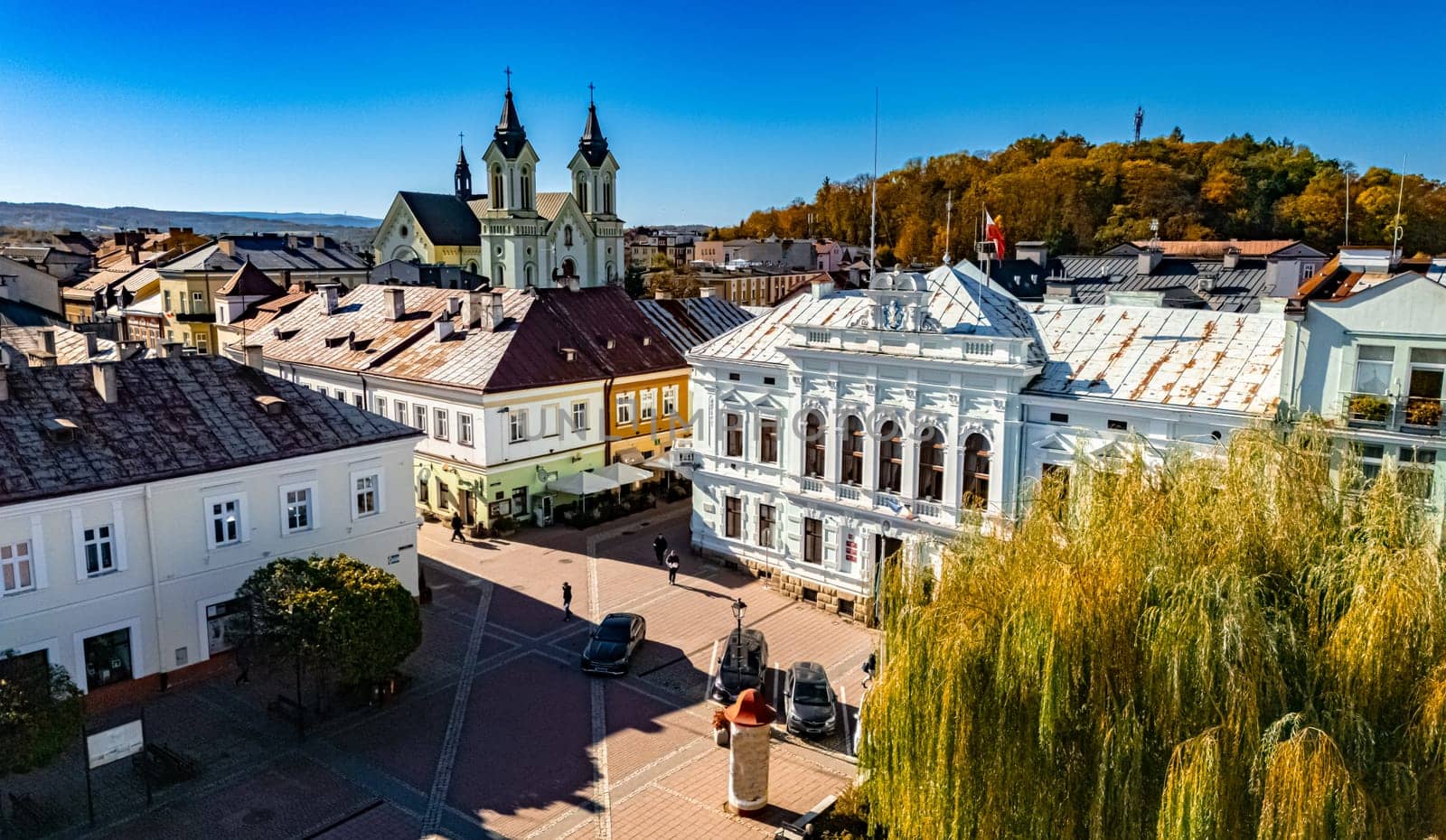 Aerial view of the city of Sanok in Bieszczady Mountains, Poland.