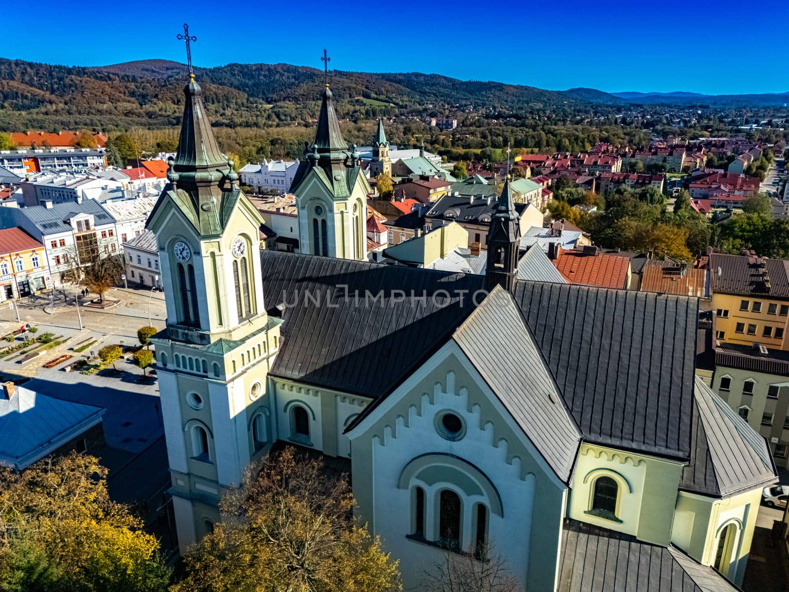 Aerial view of the city of Sanok in Bieszczady Mountains, Poland.
