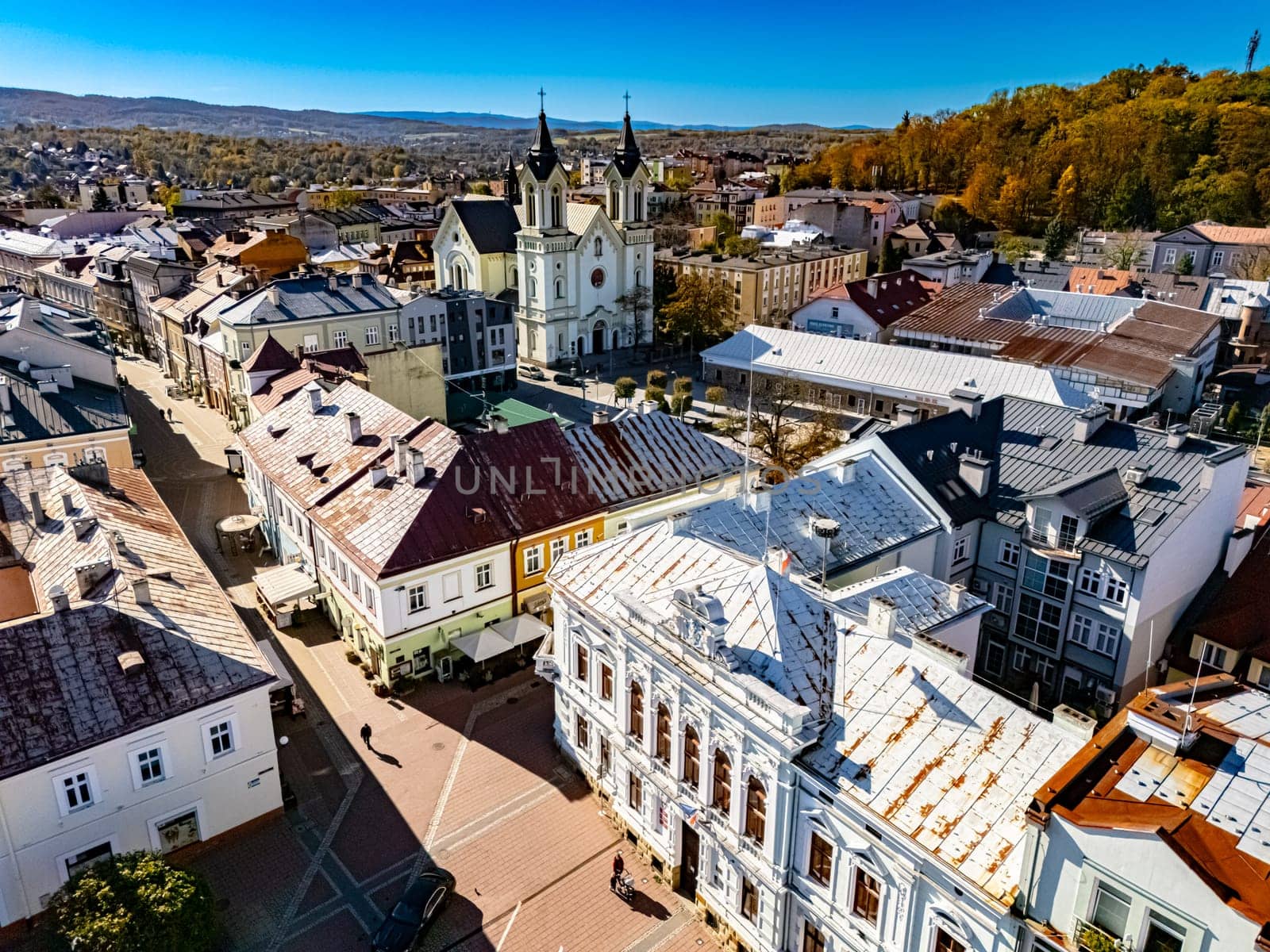 Aerial view of the city of Sanok in Bieszczady Mountains, Poland.