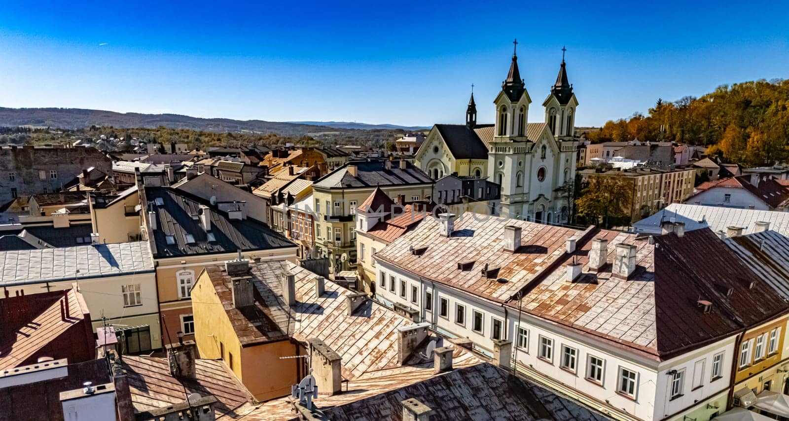 Aerial view of the city of Sanok in Bieszczady Mountains, Poland.