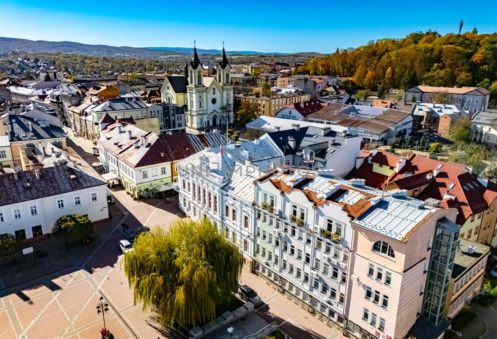 Aerial view of the city of Sanok in Bieszczady Mountains, Poland.