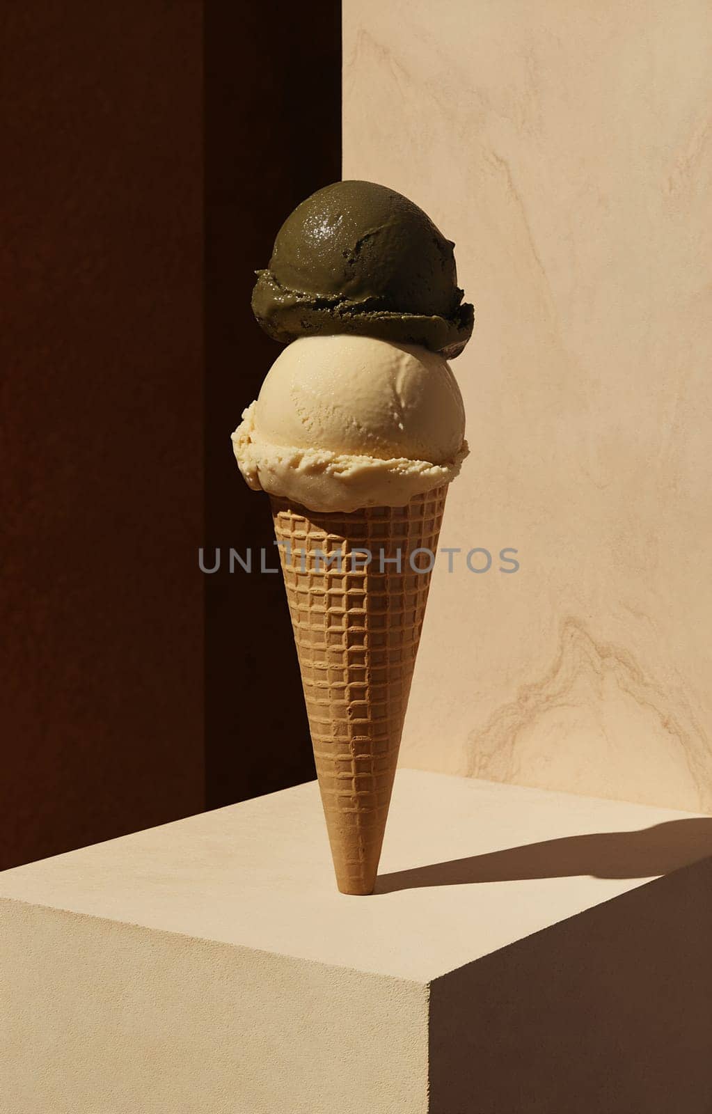 A tasty ice cream cone features a scoop of green matcha and a scoop of creamy vanilla against a minimalist background.