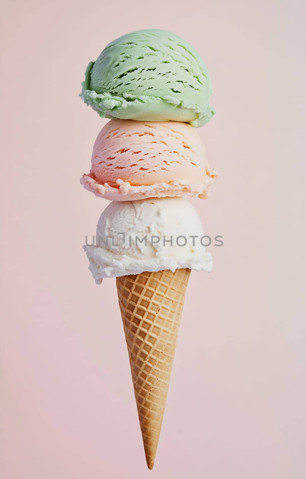 A tall cone holds three scoops of ice cream in pastel colors, set against a soft pink background. A sweet treat for warm days.