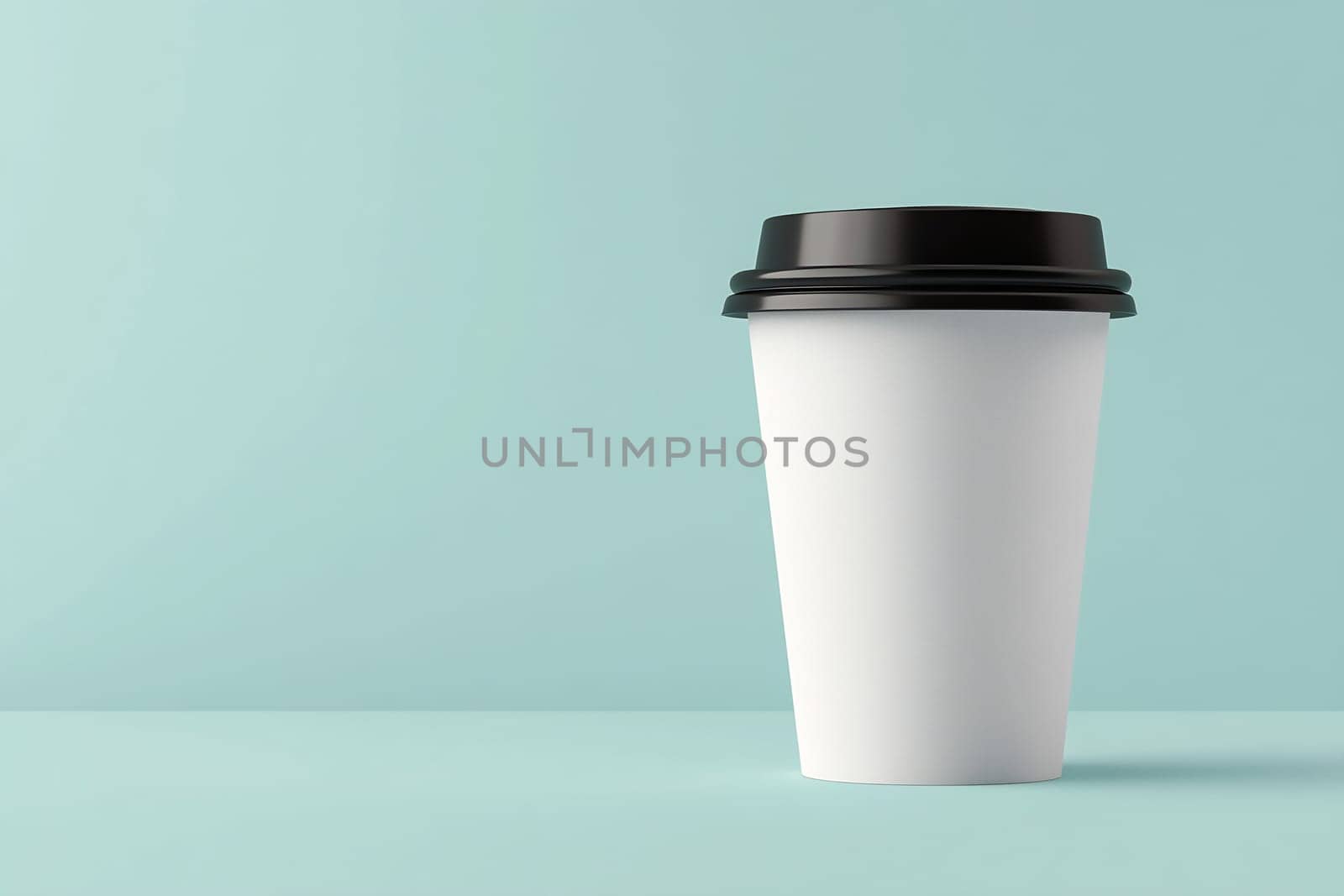 A plain white coffee cup with a black lid sits on a light blue table. The focus highlights the minimalist design of the cup.
