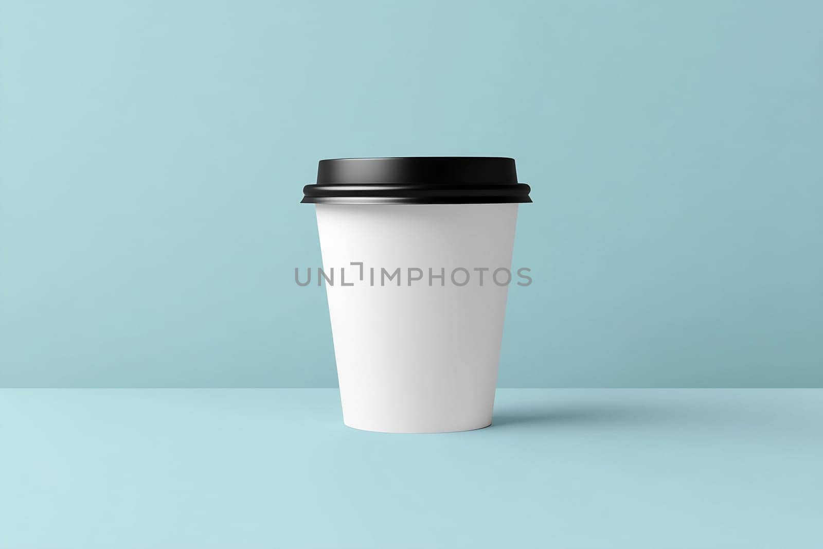 A simple white coffee cup rests on a light blue surface, highlighting its clean design and inviting potential use for beverages.