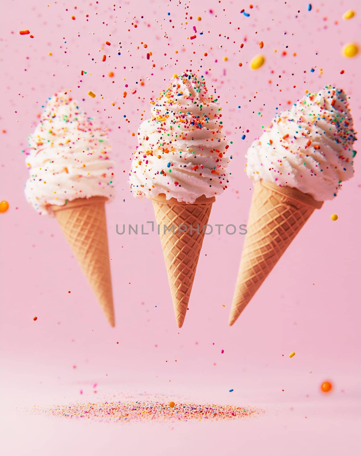 Three ice cream cones swirl with soft serve, topped with colorful sprinkles, suspended against a pastel pink background.