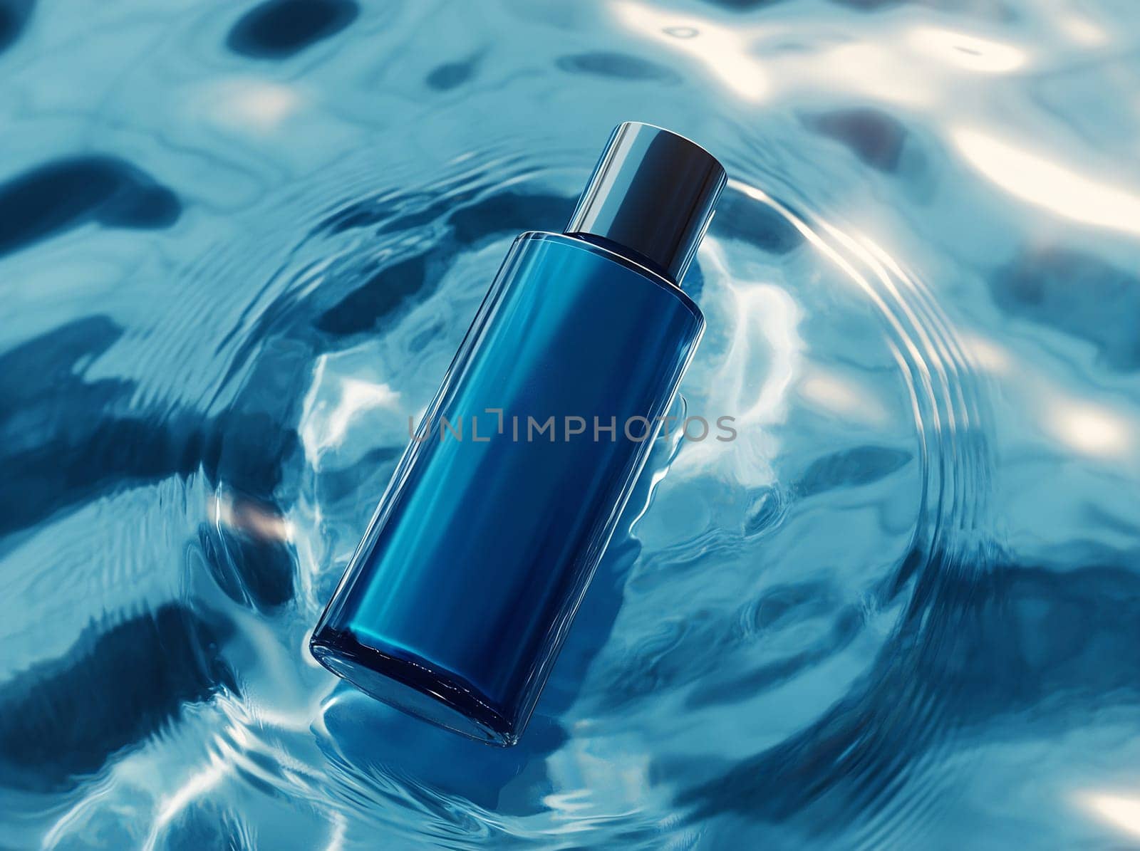 A sleek blue bottle gently floats on the surface of shimmering clear water, reflecting light. The scene conveys tranquility and freshness.