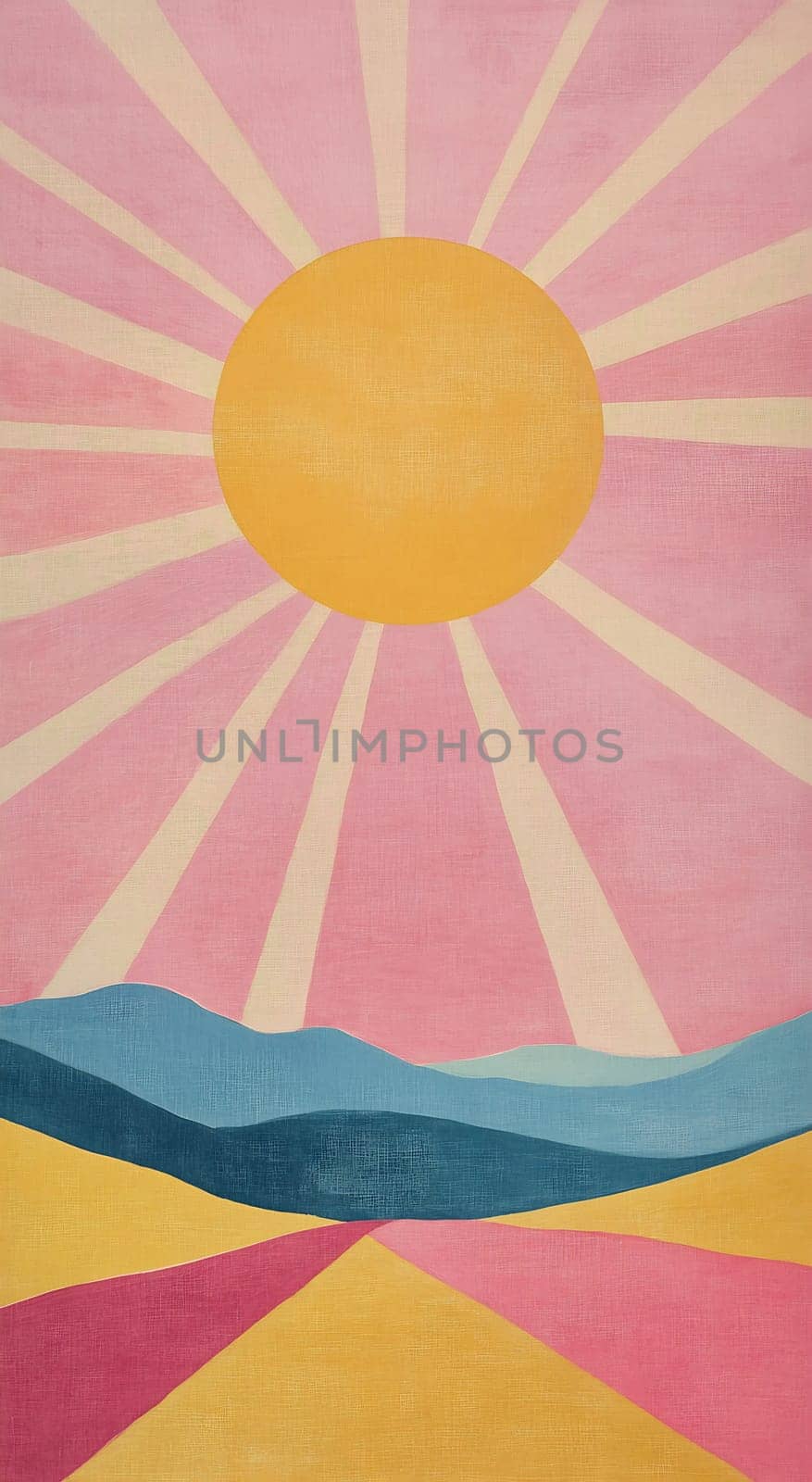 A large sun radiates warm light over serene hills, creating a colorful landscape with soft pink and yellow hues at dusk.