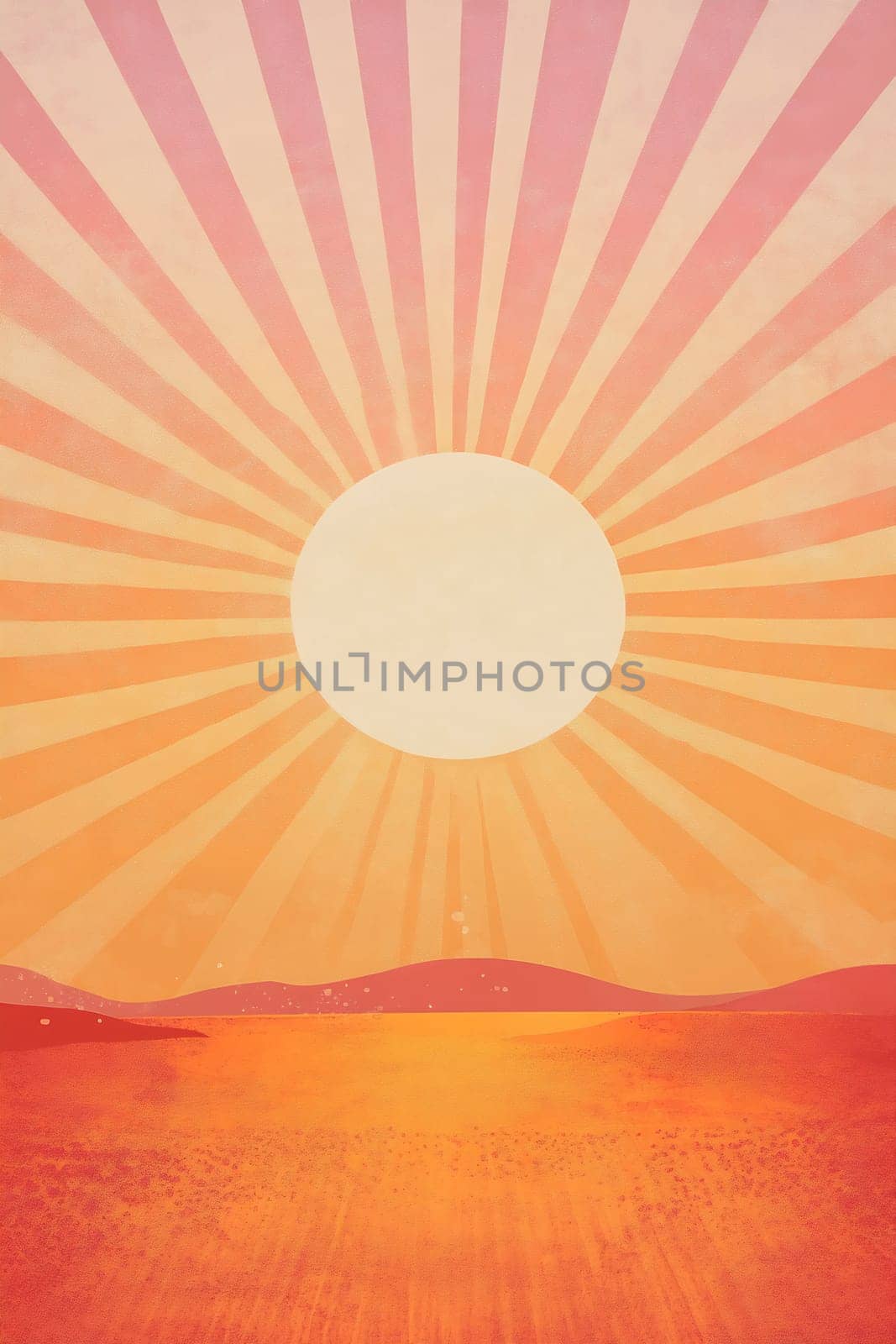 The sun sets over a vast desert, casting warm orange and pink hues across the sky and reflecting on the tranquil sand dunes.