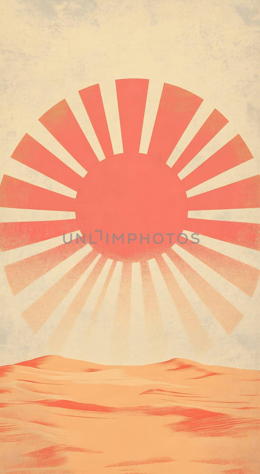 A vast desert stretches under a warm sunset, featuring soft sand dunes and a large sun radiating orange rays, creating a serene atmosphere.