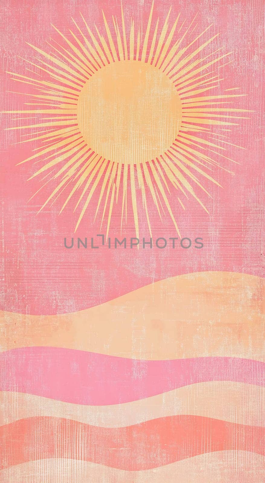 A warm sun radiates above soft, undulating waves in pastel colors, creating a serene and dreamy atmosphere during sunset.