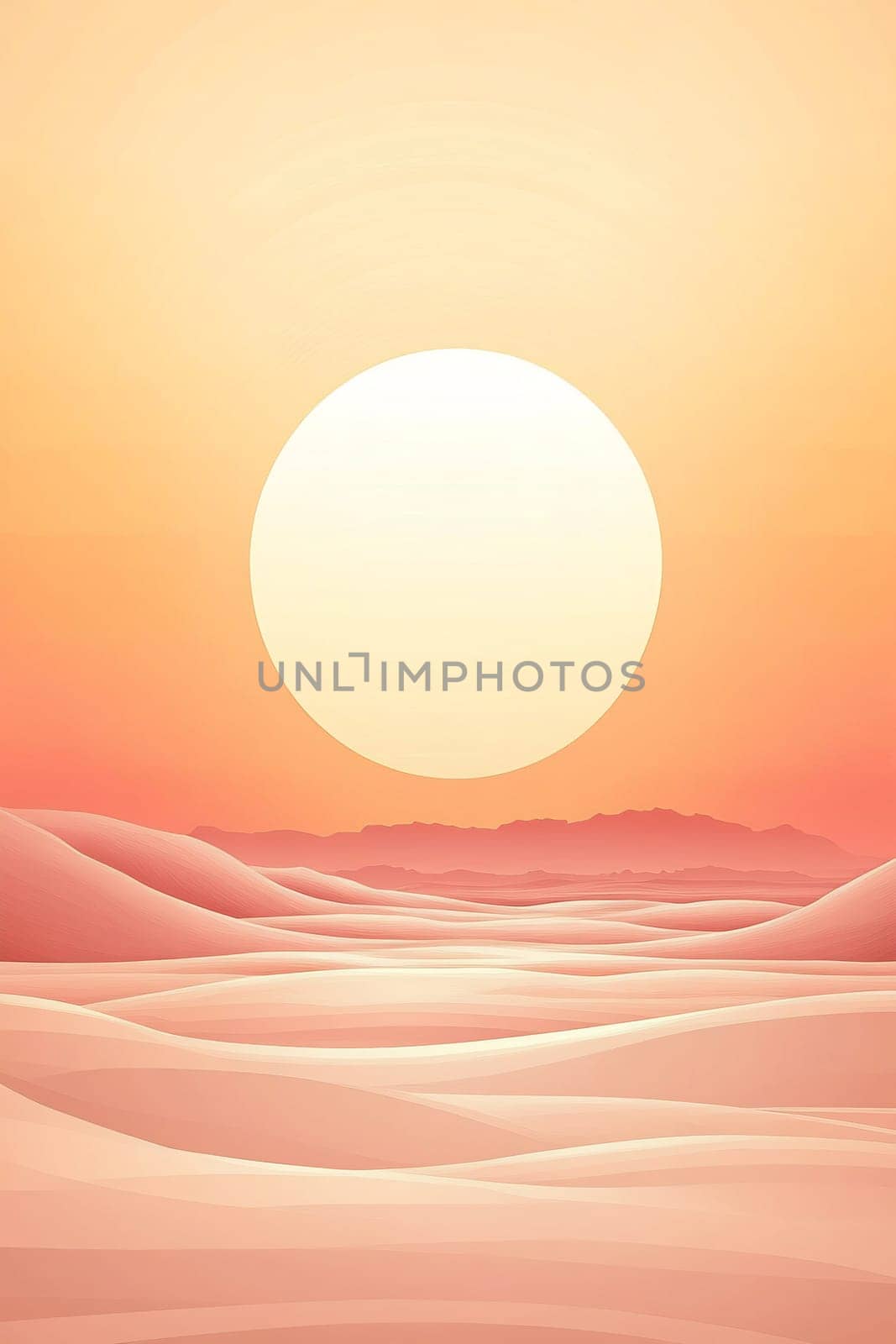 A large sun sets over soft, rolling dunes in a tranquil desert landscape, creating a warm glow across the sky and sand.