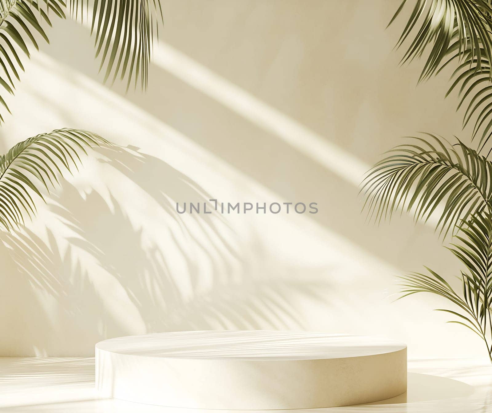 A serene setting features soft shadows and olive-green palm leaves against a light beige background, creating a tranquil atmosphere.