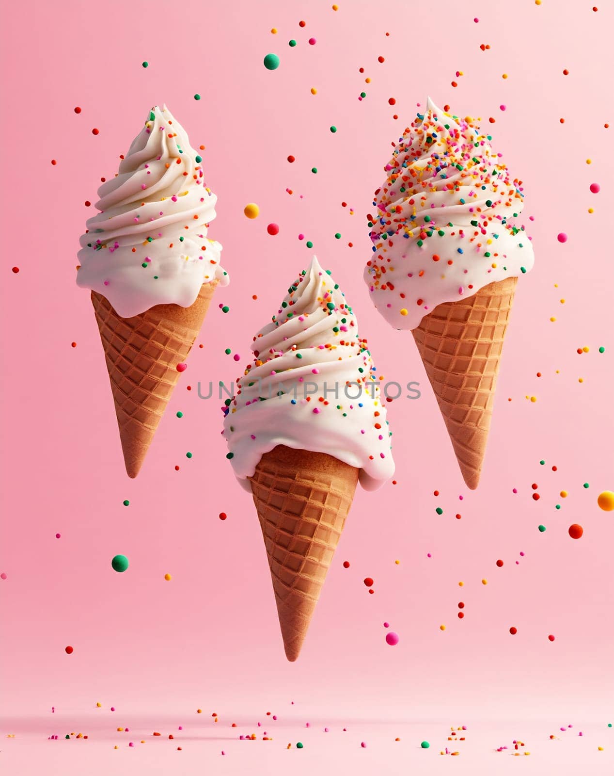 Three ice cream cones float against a pink background, sprinkled with colorful confetti, creating a festive and joyful atmosphere.