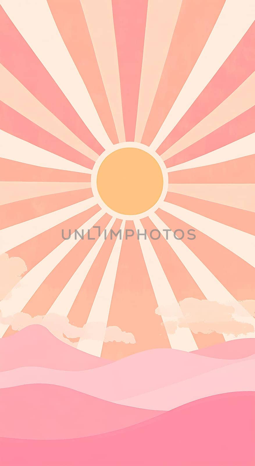 A bright sun rises above gentle pink hills, casting warm rays across a pastel sky filled with soft clouds.