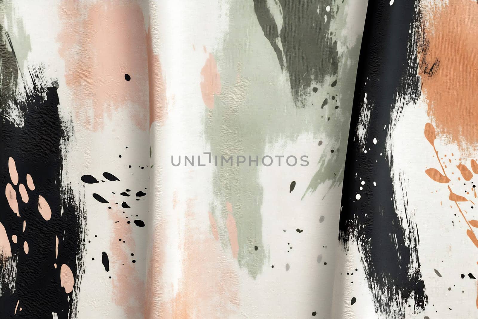 The fabric showcases a blend of muted colors with bold brush strokes, creating an artistic and modern pattern suitable for various decor.