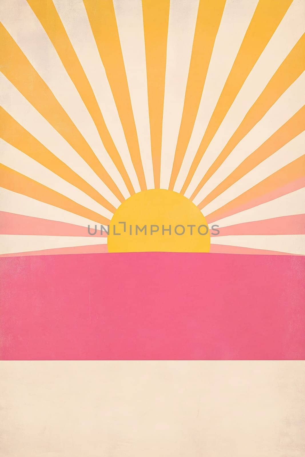 A vibrant sun rises above a pink horizon, casting rays of yellow and orange. The colors create a lively atmosphere of a new day.