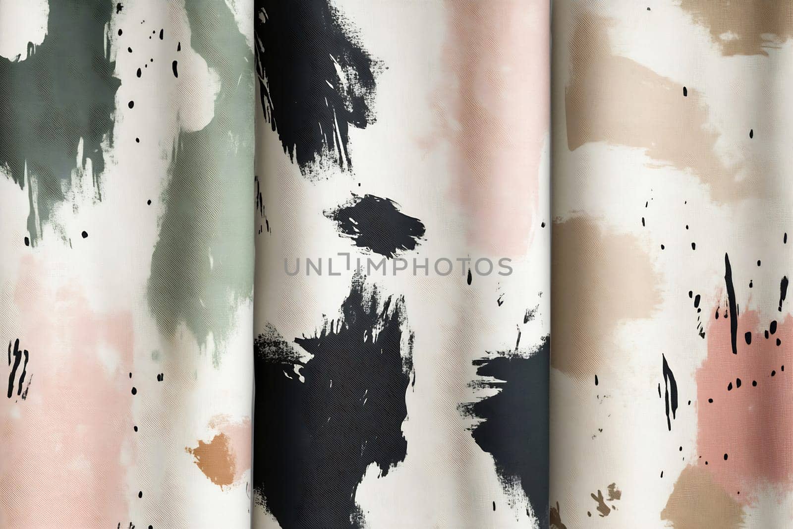A close-up view of a stylish fabric featuring abstract brush stroke patterns in muted colors. Ideal for home decor inspiration.