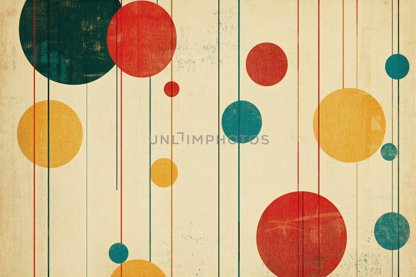 Bright circles in red, yellow, and green suspend from strings on a textured background, creating a vibrant visual display.