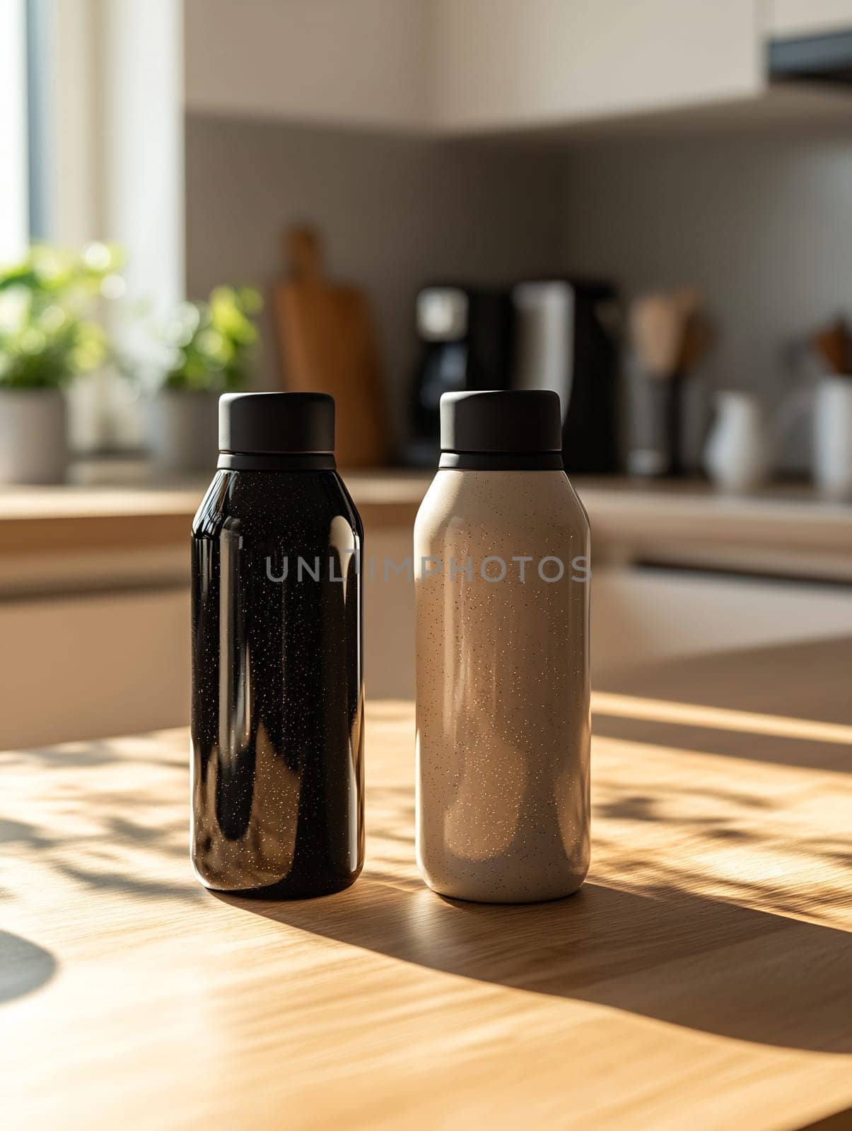 Two modern reusable bottles sit on a sunlit kitchen counter, showcasing a sleek black and beige design. A cozy atmosphere surrounds them.