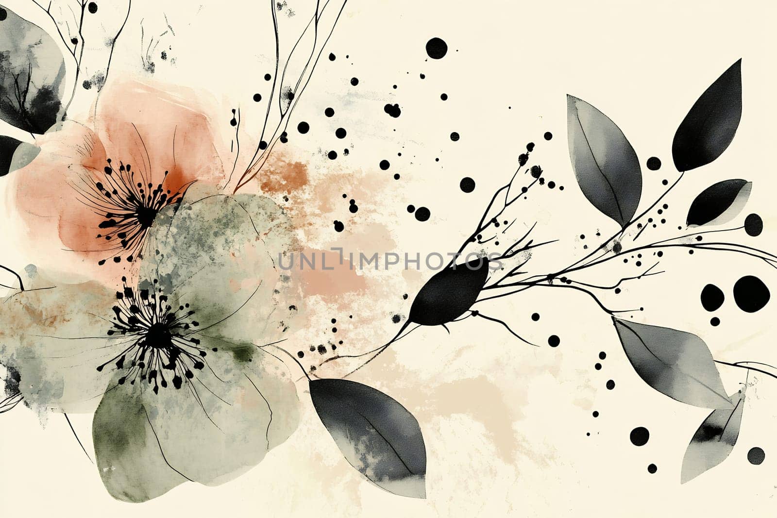 This artwork features delicate flowers and leaves in soft tones, blending watercolor hues with abstract elements to create a serene ambiance.