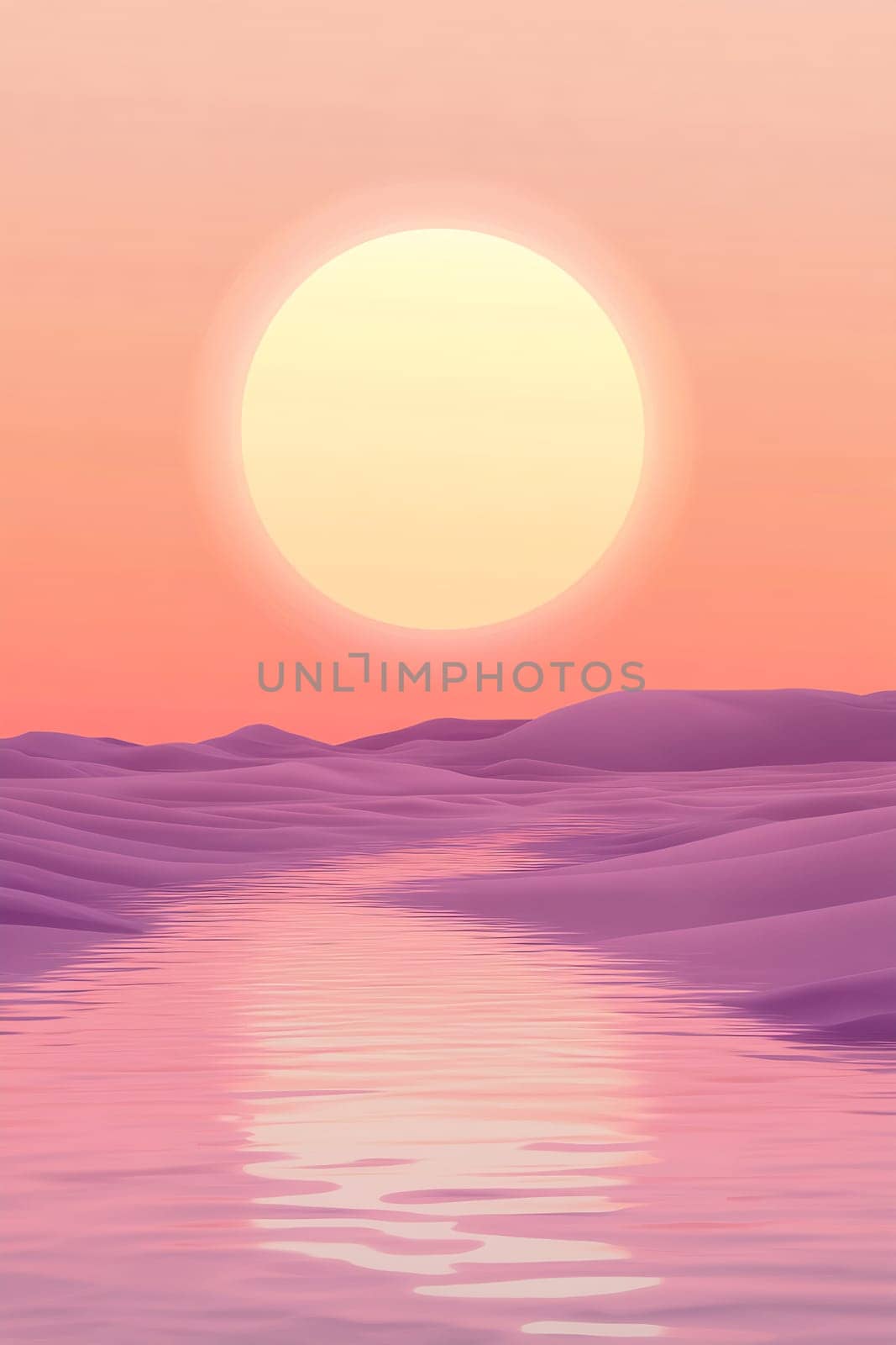 A captivating sunset casts a warm glow over rippling waters surrounded by soft, purple-hued dunes at dusk.