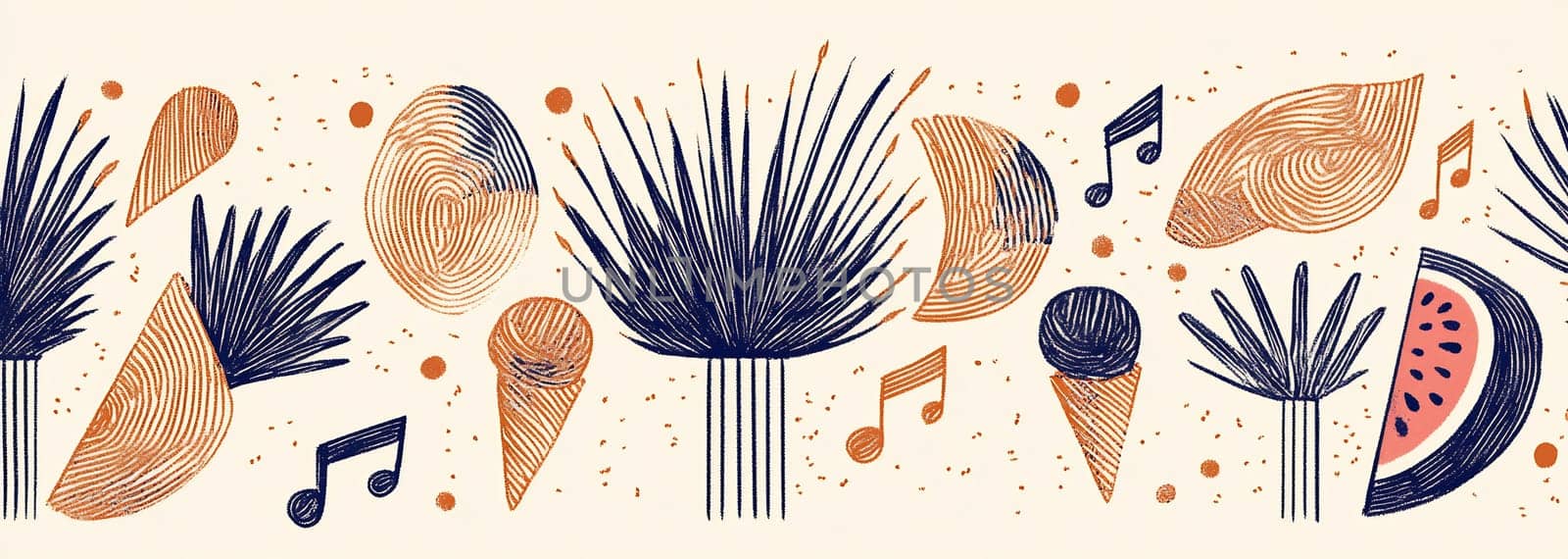 Colorful artistic design features tropical elements like musical notes, ice cream, and fruits, creating a lively atmosphere full of summer fun.