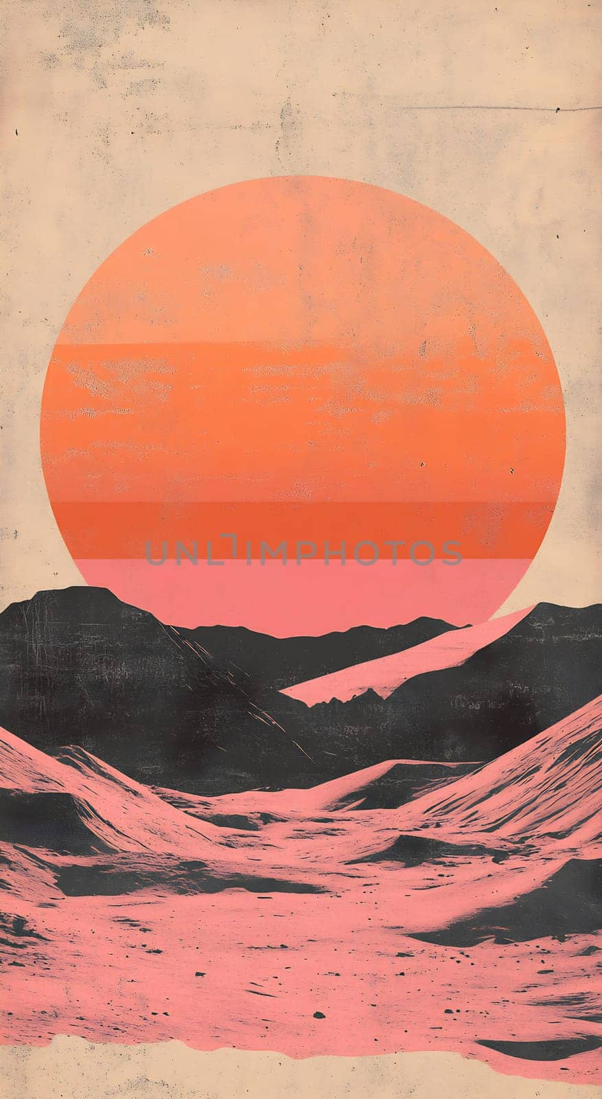 A large orange sun sets behind mountains, casting pink hues across a tranquil valley, evoking a serene atmosphere at dusk.