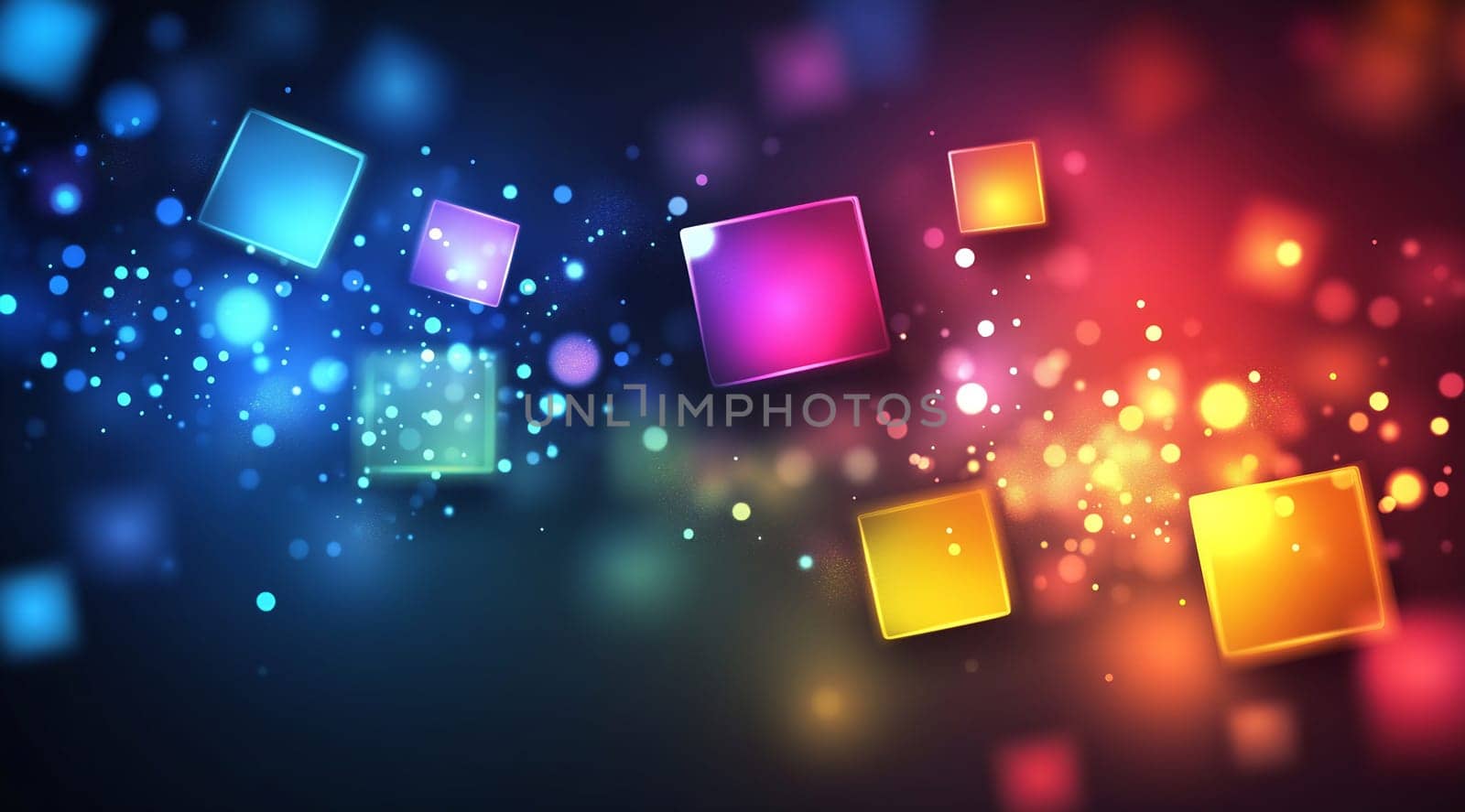 Colorful squares and circles float in a dark setting, creating a lively digital artwork filled with bright hues and sparkling lights.
